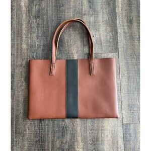 Vince Camuto Luck Brown Black Leather Vegan Tote 17" X 11"